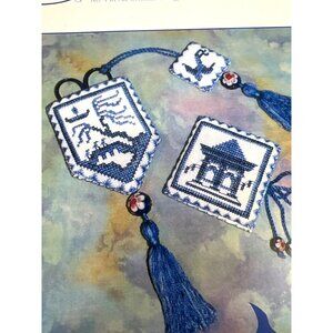 RARE Shades Of Blue Willow Cross-Stitch Pattern Needle Book & Scissor Keep Kit